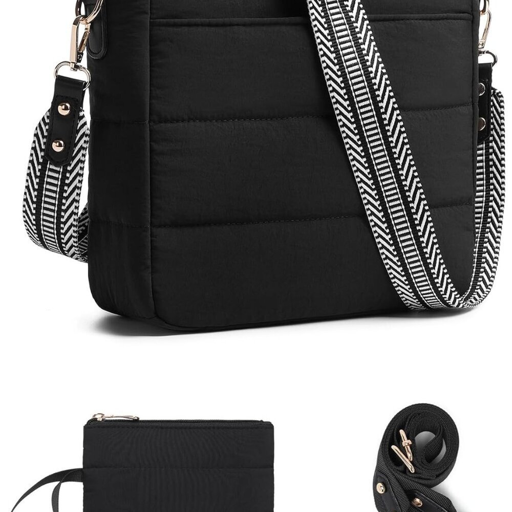 Medium Puffer Quilted Handbags with Adjustable Straps and Coin Wallet – Black